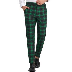 Green Plaid Dress Pants Flat Front Business Trousers Checked Suit Pants